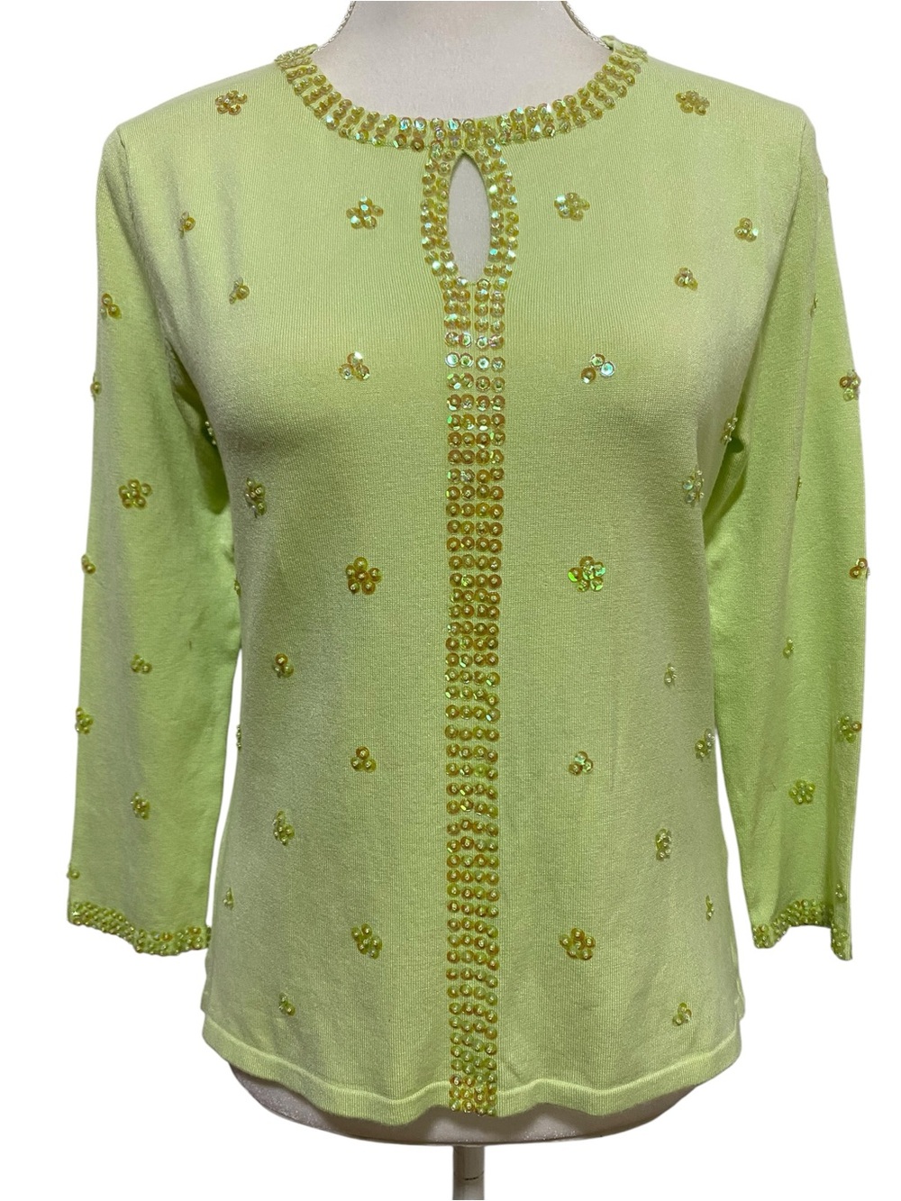 Belldini Lime Green Sequin-Trim Crew Neck Sweater Size Large